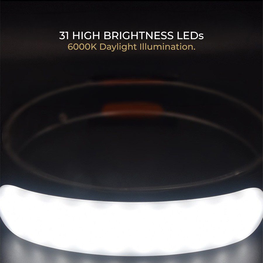 INK-credible headlamp with 31 high-brightness LEDs and 6000K daylight output