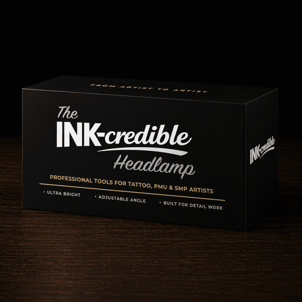 Premium black INK-credible Headlamp box packaging for professional tattoo, PMU and SMP artists